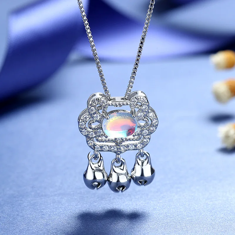 

New 925 Silver Long Life Lock Pendant Chain Necklace Women Sky Blue Moonstone Fortune Lock Ping An Ruyi Lock Bell Tassel Jewelry