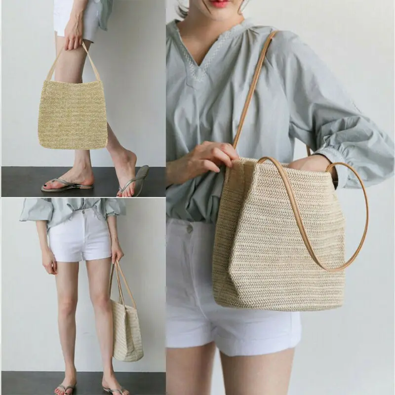 Женская плетеная Сумка мешок однотонная Соломенная пляжная сумка через плечо из