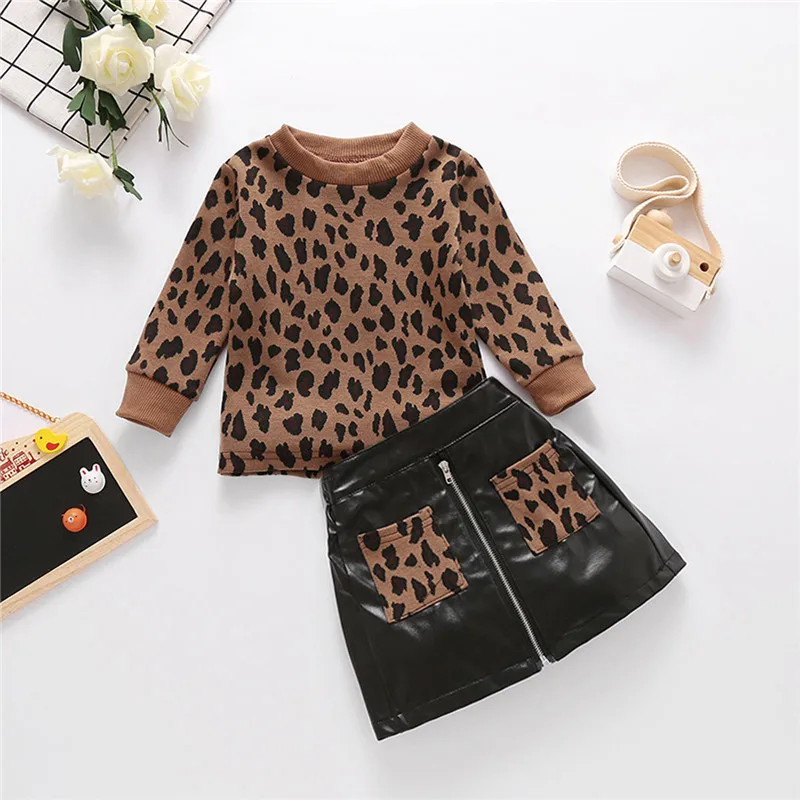 

1-5Years Auutmn Toddler Kids Baby Girls Clothes Leopard Print Pullover Sweatshirts Sweater+Zipper PU Leather Skirts Warm Outfits