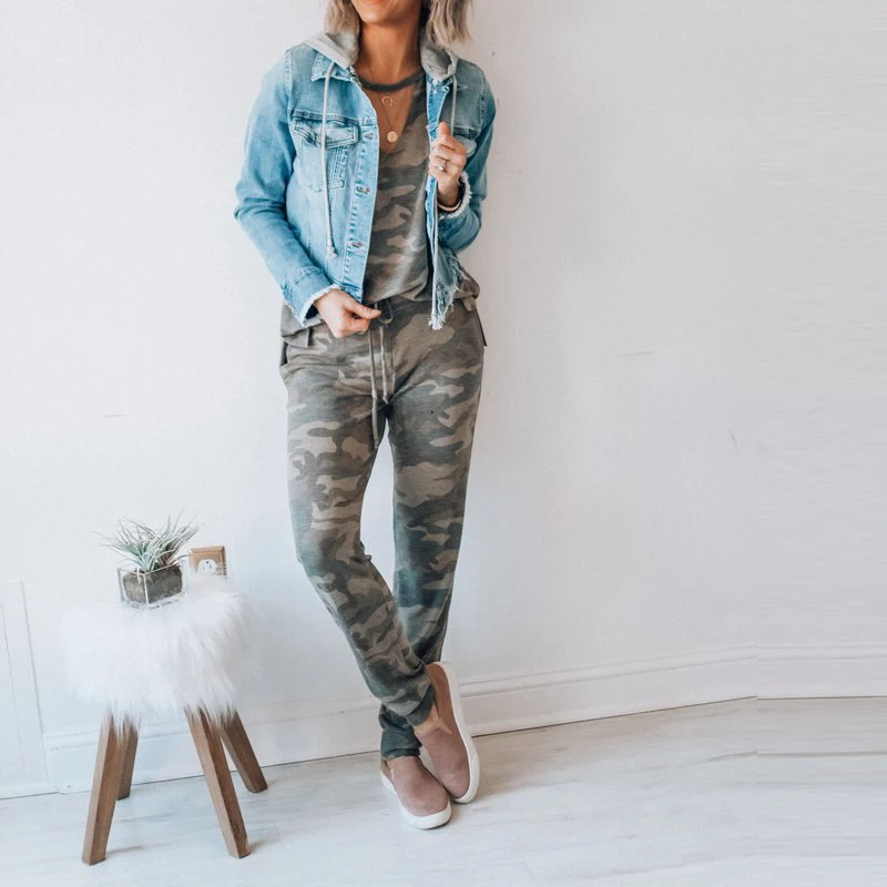 Женский спортивный костюм из 2 предметов зеленый Камуфляжный топ и брюки