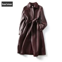 new spring genuine leather sheepskin womens long jackets fashion elegant slim sashes lace up trench casual female overcoat