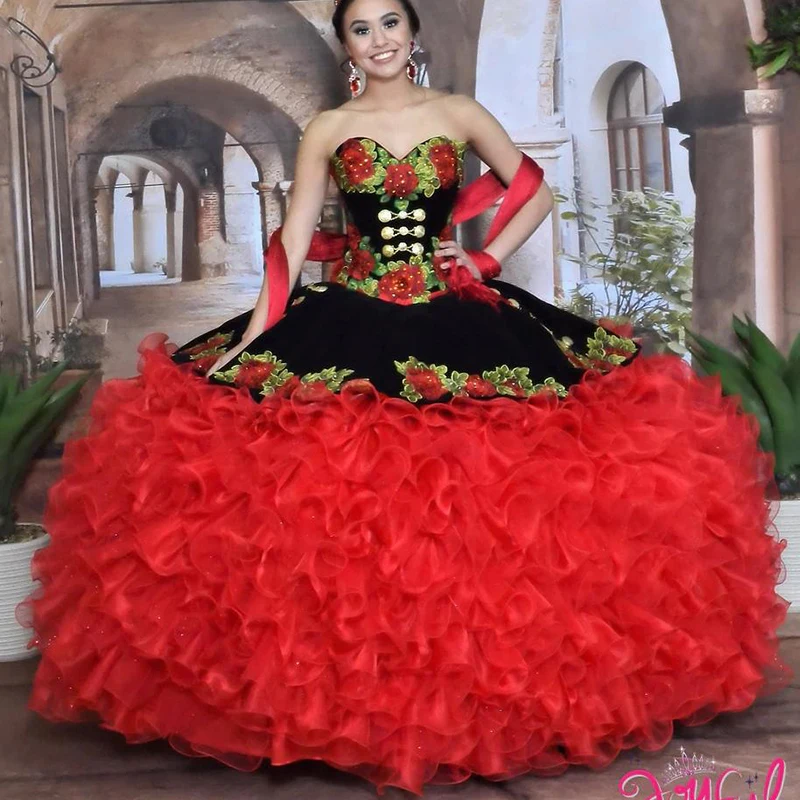 16 Quinceanera платья черного и красного цвета милая многоярусная юбка с цветочной