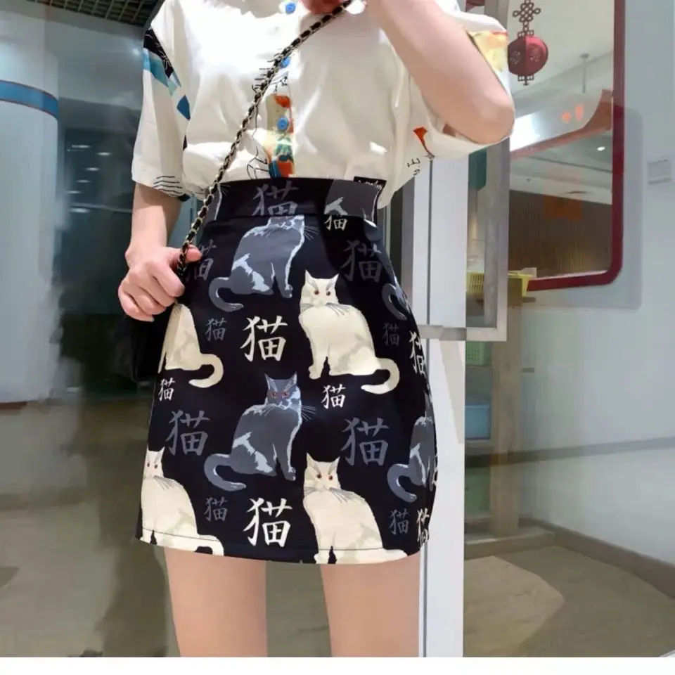 Летняя юбка в японском стиле Харадзюку с графическим принтом кошки тонкая черная