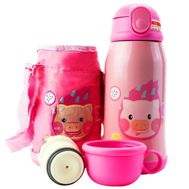 A-pink 600 мл новые милые детские вещи вакуумная детская бутылка для воды двойная крышка из нержавеющей стали соломы термосы с 2 крышками и веревочной сумкой - Цвет: A-pink