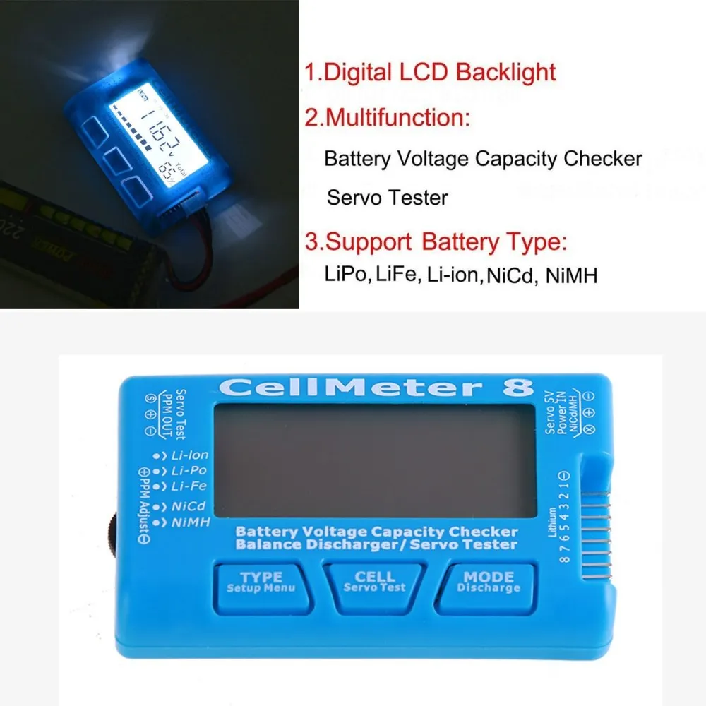 

1Pcs Checking CellMeter LCD Digital Battery Capacity Checker RC CellMeter 8 Digital LiFe Li-ion Nicd NiMH Battery Voltage Tester