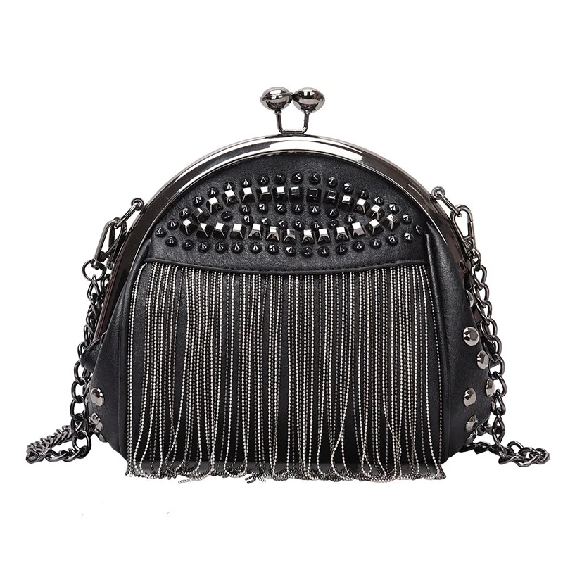 

High Quality Pu Leather Rivet Tassel Clutch Beaded Metal Evening Bag Chain Shoulder Messenger Purse Evening Bags For Wedding Bag