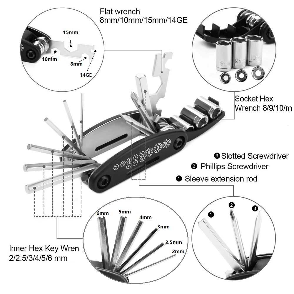

Portable Socket MTB Mountain Cycle Multipurpose Wrench Touring Pocket Multi Tool Screwdriver Motorcycle Bicycle Allen Fix