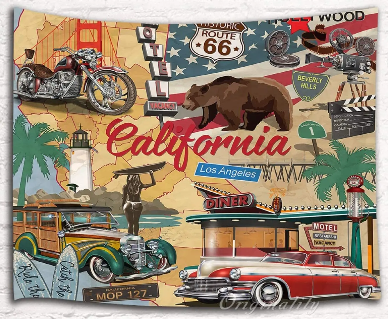 

Vintage Car California Poster Tapestry Route 66 Hollywood Wall Hanging Poster Bedroom Living Room College Dorm Room Decor