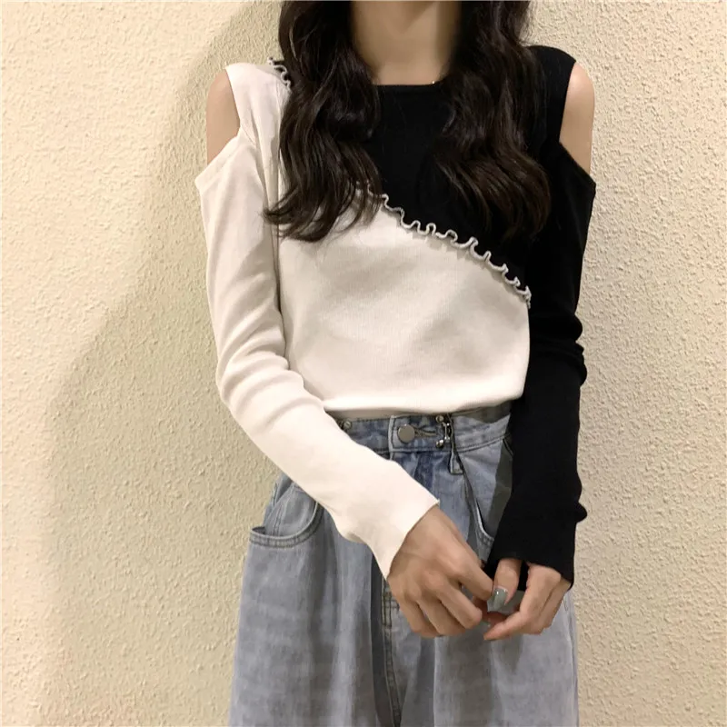 

Off Shoulder Tees Ins Hipster Women Clothing O-neck Long Sleeve Knitted Ladies Tops Casual Korean Style Patchwork Slim T Shirts