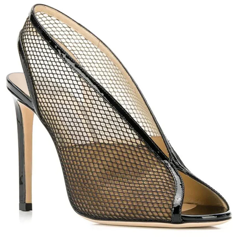 

Heels High Women Mesh Fishing Nets Lady Shoes Peep Toe Modern Sandals Black Thin Heel Slip-on Sandalias Femininas Pumps