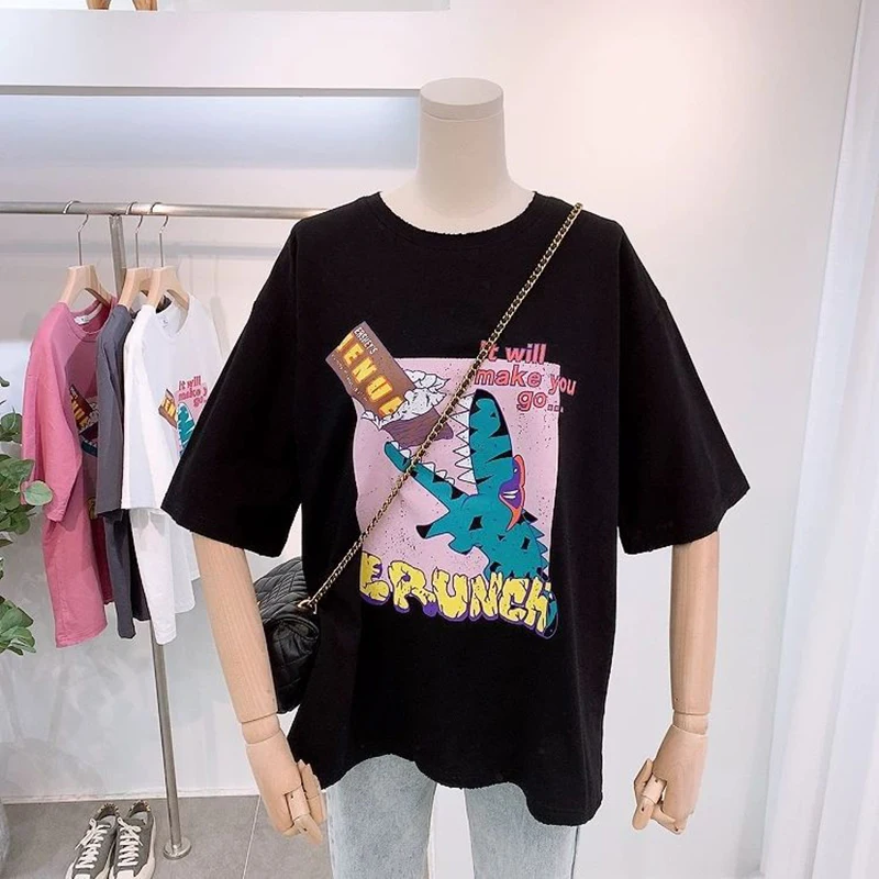 Новая летняя женская мода Корейская свободная футболка с мультяшным принтом