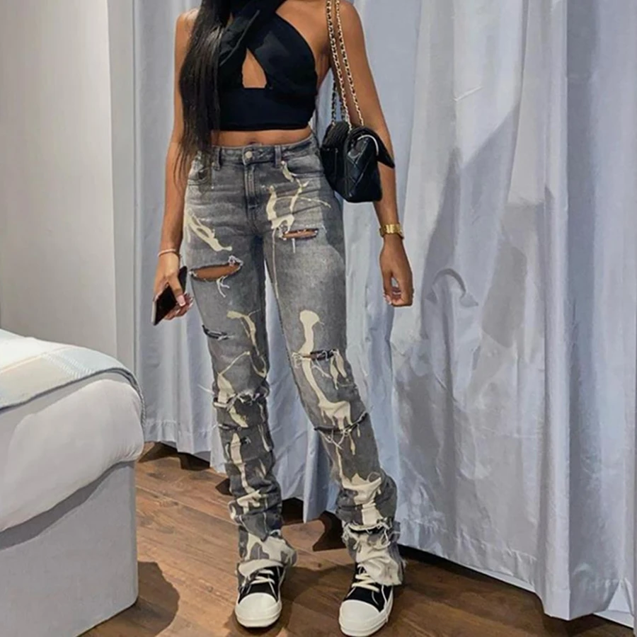 

Cotton Ripped Hole Trend Jeans Women Y2K Distressed Trousers Chic High Waist Stacked Harem Pants Ladies Clothing 2021