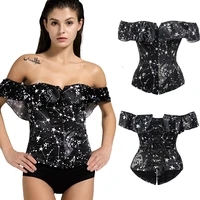 womens bustiers corsets off shoulder steampunk corset shirt with ruffles sleeves crop top lace up overbust corselet bustier top
