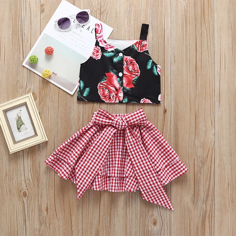 

Summer Baby Girls Cothes Casual Summer Strap Flower Print Tops Blouse+Plaid Short Skirts Suits Costume Set