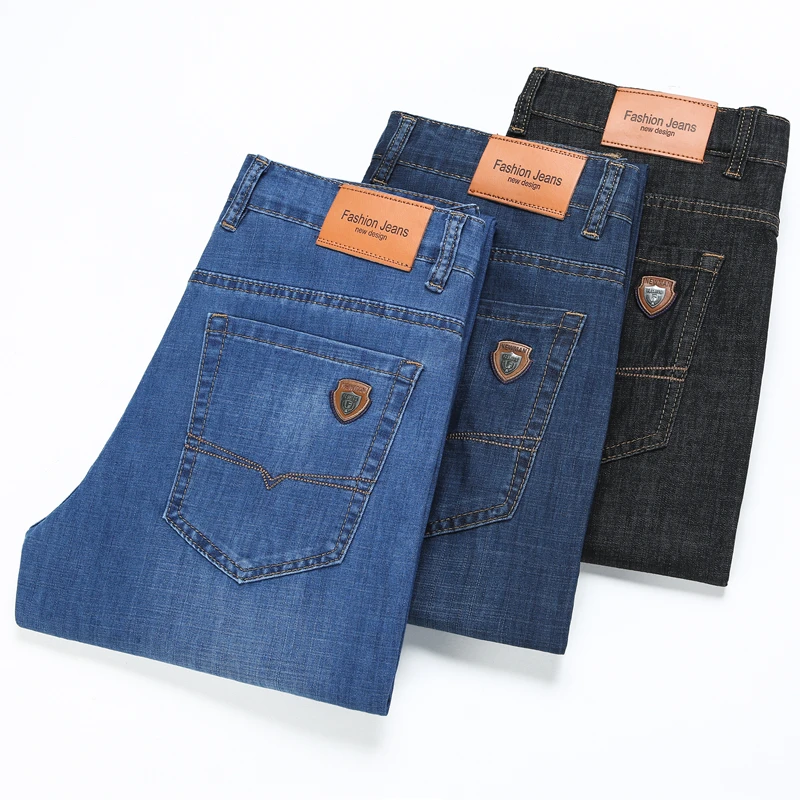 

2021 spring and summer classic style lightweight straight jeans business casual young men's large size brand thin jeans