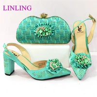 italian design in green color fashion special flower shape style party ladies shoes and bag set decorated with rhinestone