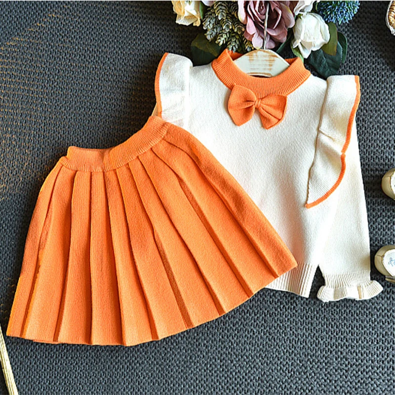 

Autumn Winter Girls New Korean Version Of The Bowknot Knitted Flying Sleeve Shirt Short Skirt Two-piece Suit For Girl Aged 3-7 Y