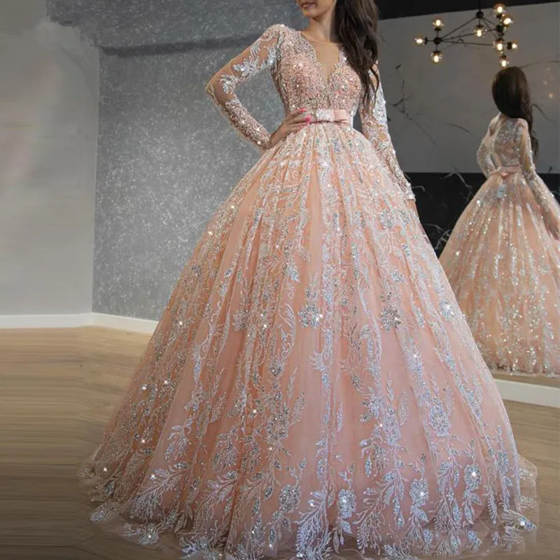 

Sparkly Pink Sequined Lace Ball Gown Prom Dresses Full Sleeves Beaded Appliques Long Formal Evening Dress robe de soiree