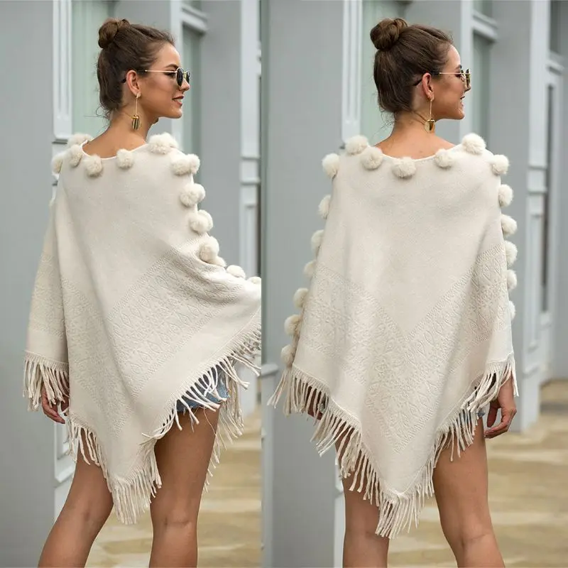 

Women Winter Knitted Pullover Sweater Top Cute Fluffy Pompom Fringe Tassels Hem Shawl Wrap Irregular Warm Poncho Cape Cloak