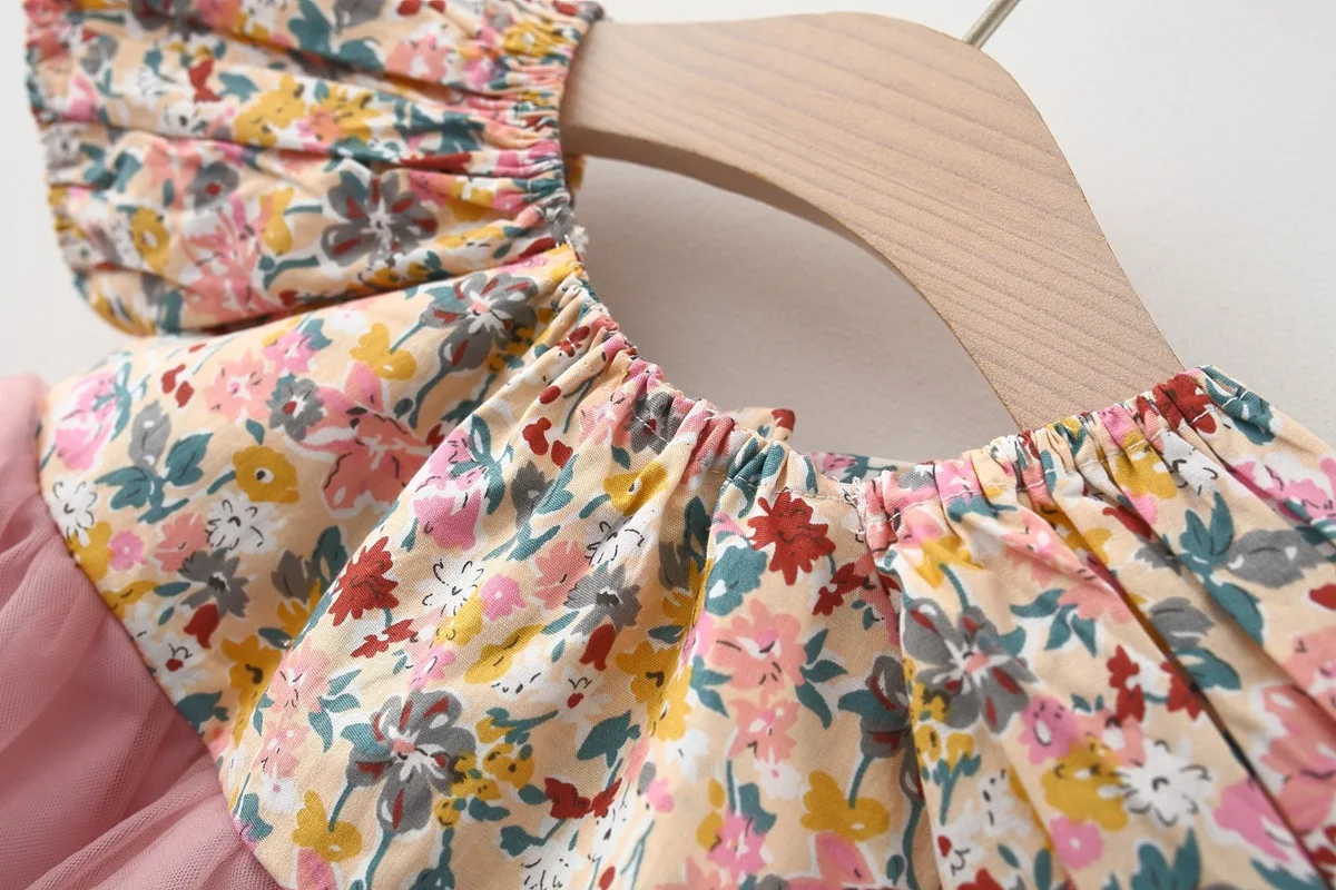 

Summer Breathable Little Girls Dress, Toddlers Creative Floral Printing Mesh Splicing Backless Short Sleeve Princess Skirt