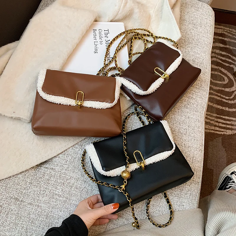 

Soft PU Woman Shoulder Flap Bags Fashion Wool Cross Body Bags High Quality Synthetic Leather Chains Shoulder Bags New Arrival