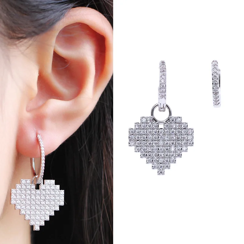 New Winter Delicate Silver CZ Zircon Crystal Pixel Heart Earrings Simple Silver Color Drop Earrings Women Jewelry Lover Jewelry