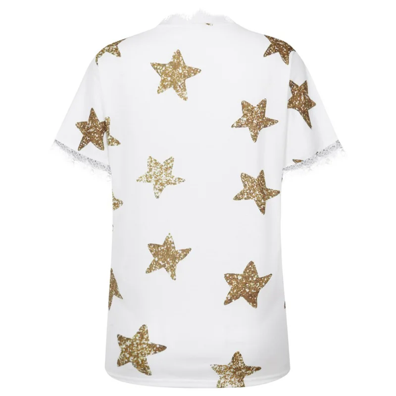 

Women T-shirts Summer V-neck Star Print tshirt women 2021 NEW Short Sleeve Lace Patchwork T-shirts camisetas mujer manga corta