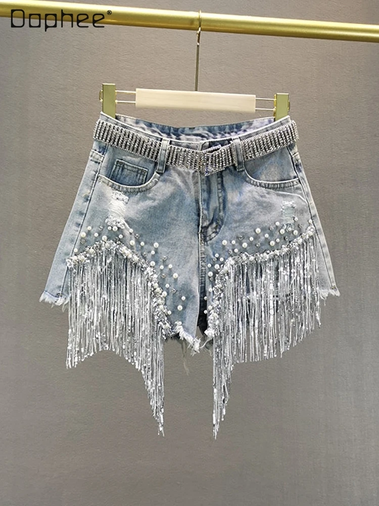 

Women's 2021 Summer Cotton New Denim Shorts European High Waisted Slimming Beaded Sequins Tassel Ripped Wide Leg Pants