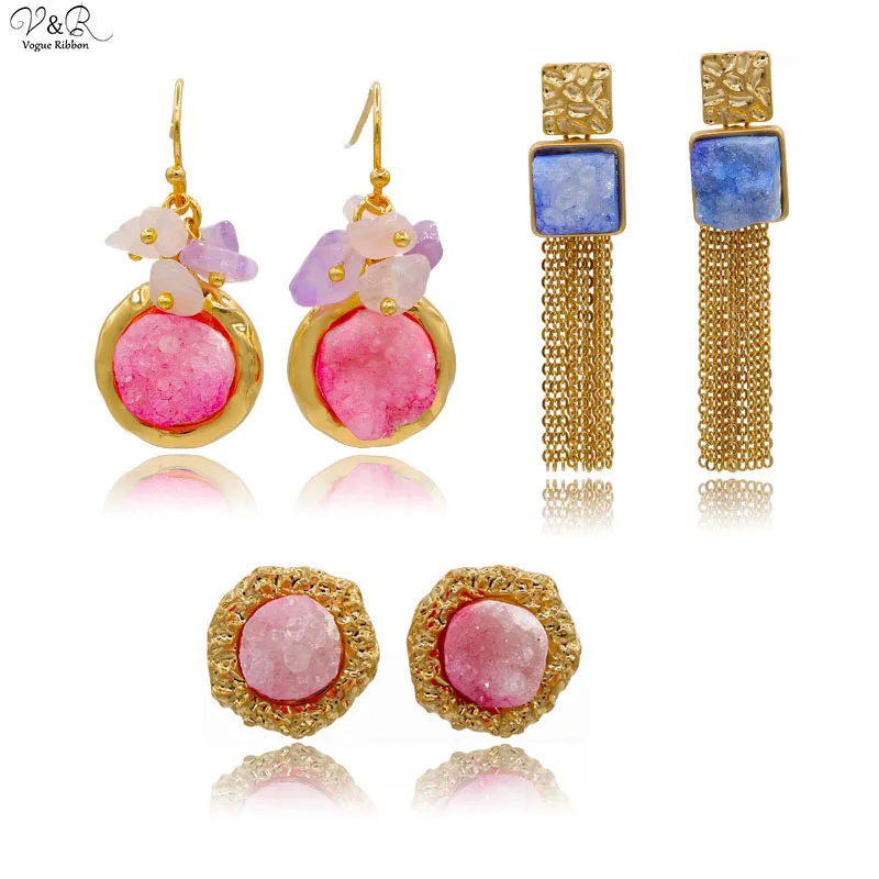 Синие розовые натуральные Подвески Друза кварцевые серьги-капли серьги с