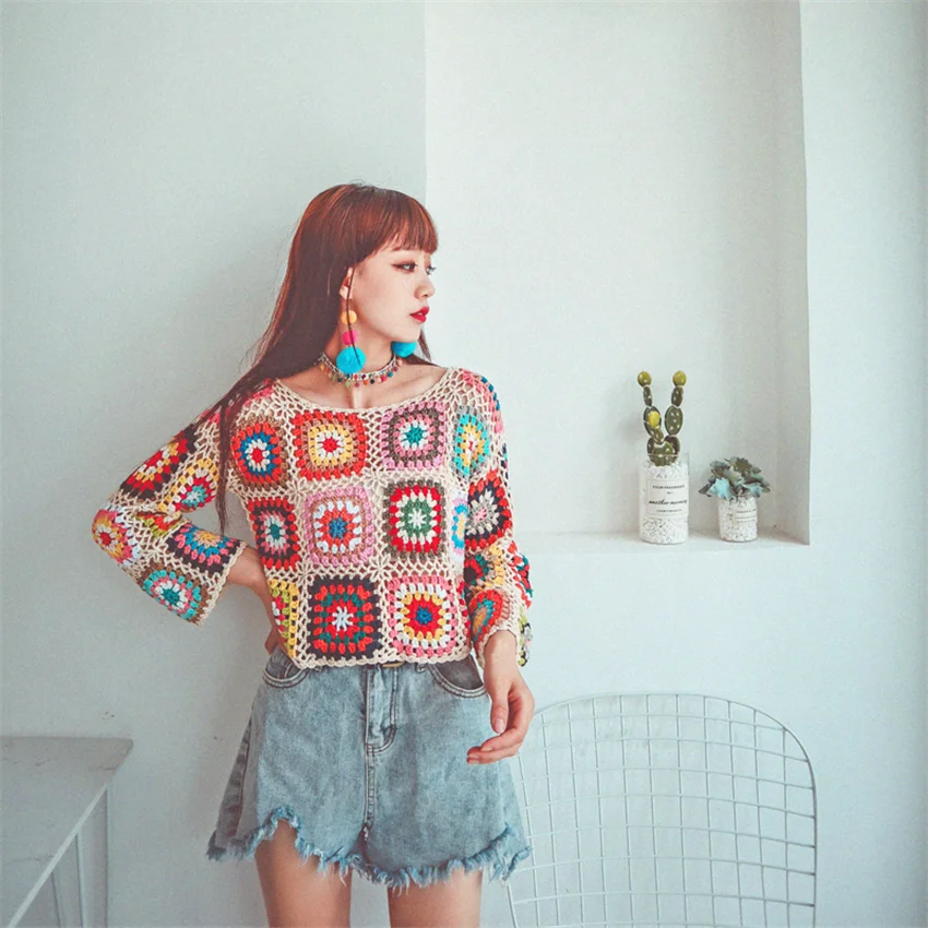 Женский винтажный пуловер с длинным рукавом разноцветный вязаный свитер ручной