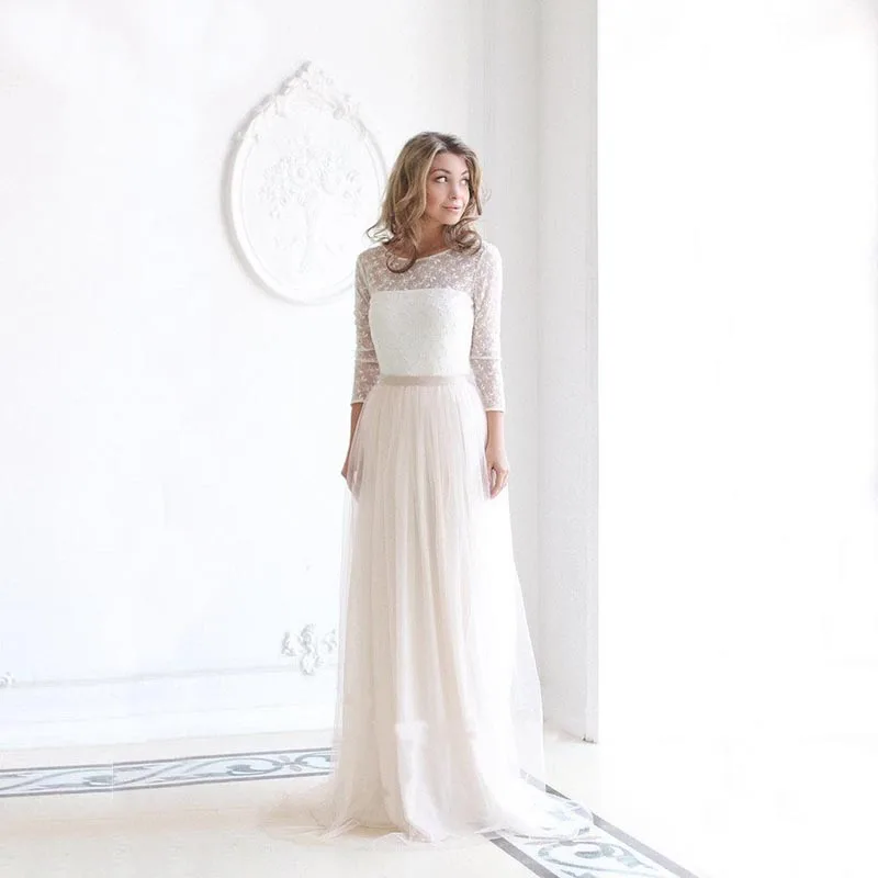 

Белое кружевное свадебное платье с длинным рукавом, современный простой наряд невесты с драгоценным вырезом, с открытой спиной, с бантом на ...