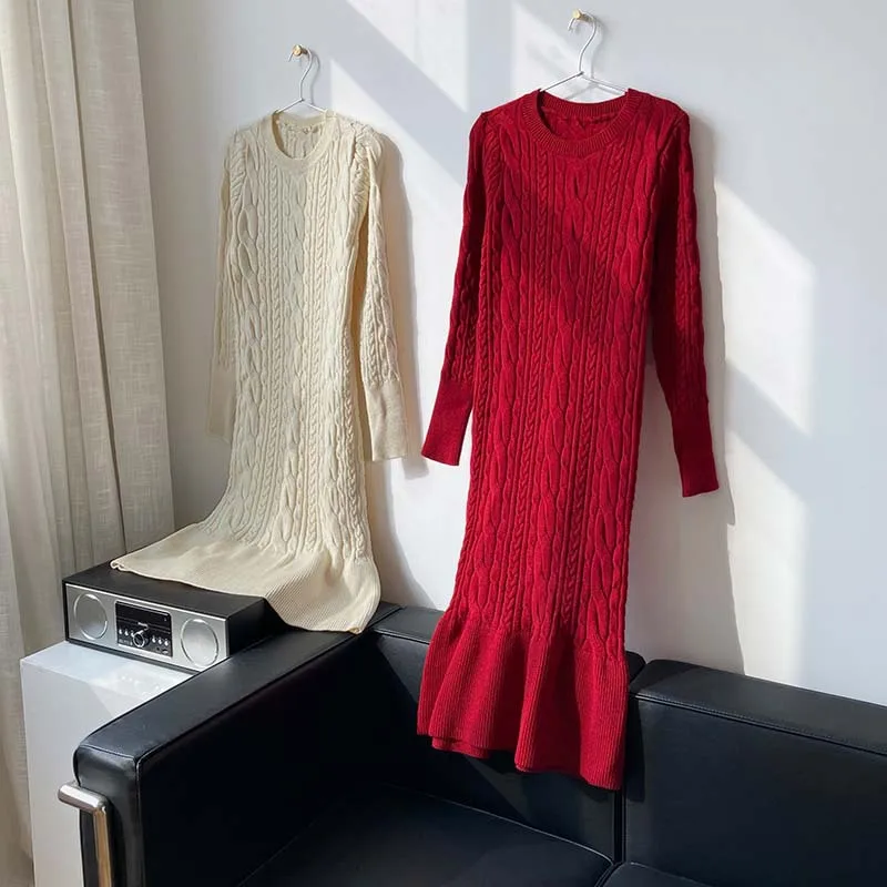 

2021 New Women Kintted Dress Solid Slim Elegant Dress Women Mermaid Dress Sweater Thick Sexy Bodycon Dress Women Vestidos Femme