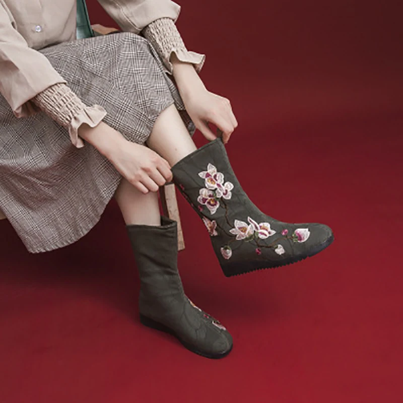 GRITION/женские ботинки зимние детские Ципао в китайском Styal вышивка плюс бархат