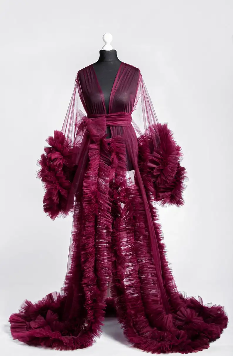 Ladies Dressing Gown Perspektive Sheer Long Robe Fluffy Dessous Fotografie