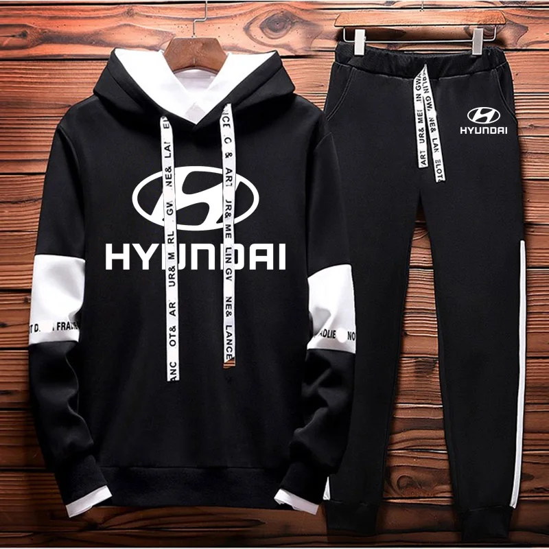 

Unisex Hyundai Car Logo Printing Spring Autumn Fashion Casual Colorblock Sweatshirt Cotton Men Hooded+pants 2 piece set
