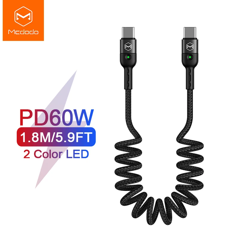 Выдвижной Автомобильный Кабель Mcdodo с пружиной USB C на Type для Xiaomi Redmi QC4.0 PD 60 Вт