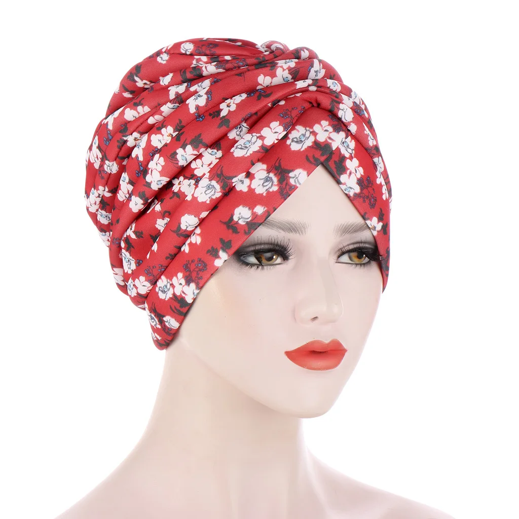 

Muslim Elastic Ruffle Printed and Sponge Turban Hat Cancer Chemo Beanies Cap Headwrap Plated for women Hair Loss Accessories