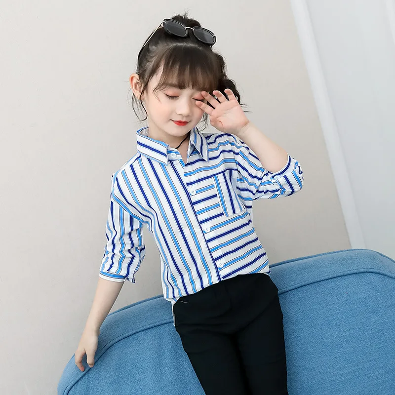 

Girls 2021 spring and autumn new medium and big children's striped letters color matching medium and long lapel shirt