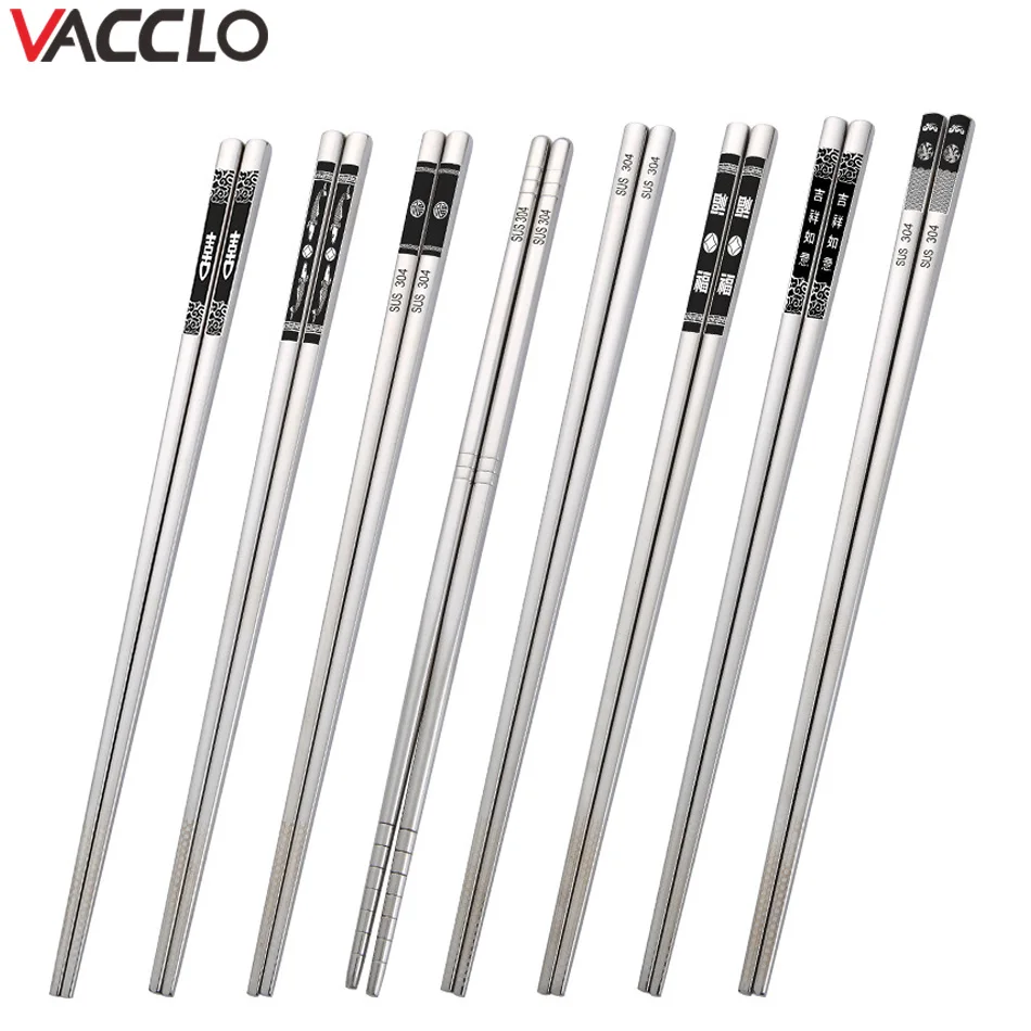 

Vacclo 1pair Chinese Metal Chopsticks Non-slip Stainless Steel Chop Sticks Set Reusable Food Sticks Sushi Hashi Baguette