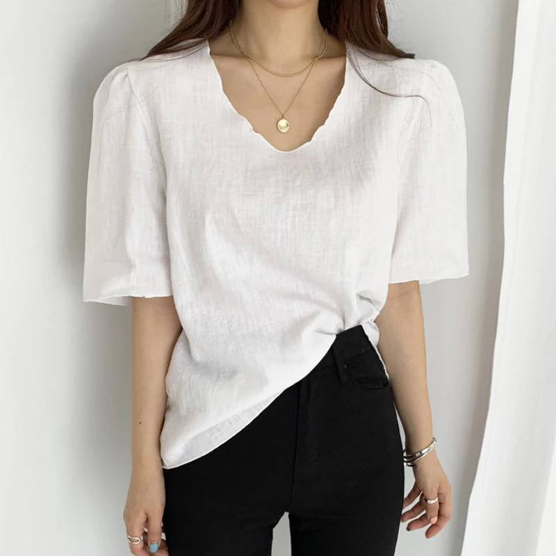 

Korejpaa Women T-Shirt 2021 Summer Korean Chic Simple Basic V-Neck Loose Casual Solid Color Short-Sleeved All-Match Pullover