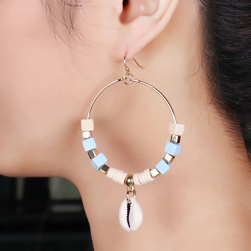 

Bohemian Earrings for Women with Shell+Wood Beads Metal Ear Loops Colorful Ethnic Acrylic Beads Eardrop Fashion Jewelry Dangler