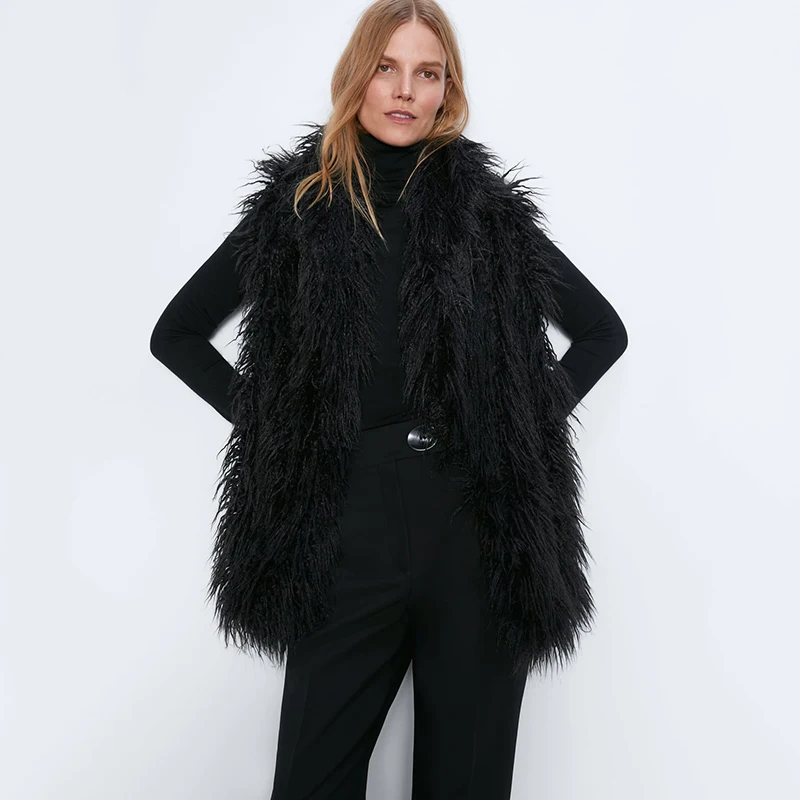 ZA Зимний новый жилет из искусственного меха 2019 женский черный воротник-стойка