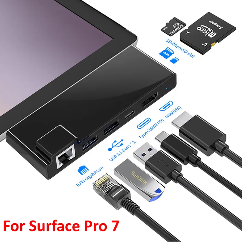 

USB C Hub for Surface Pro7 Dock Card Reader 4K HDMI-compatible RJ45 Gigabit Ethernet PD USB-C Adapter SD/TF for Microsoft Pro 7