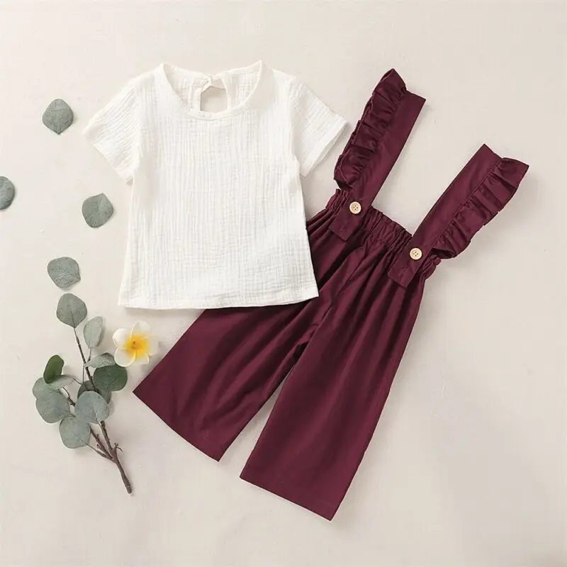 Детская летняя одежда 2 шт. хлопковая и льняная для маленьких девочек футболка с