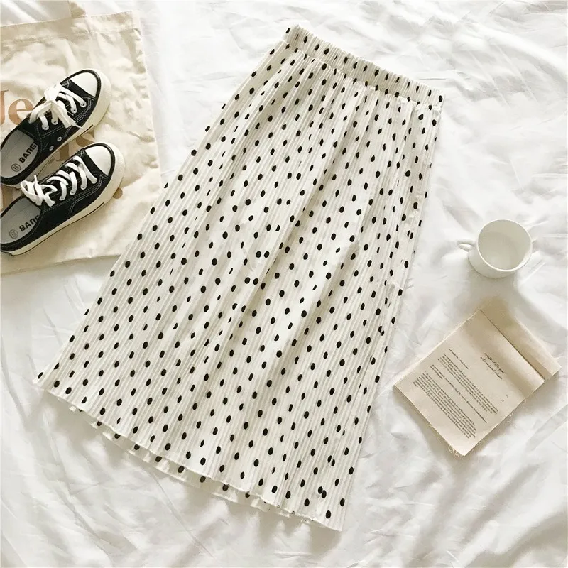 

Pleated Long Midi Skirt Women Polka Dot Print Lace Up Skirts Elegant Female Elastic Waist Skirt