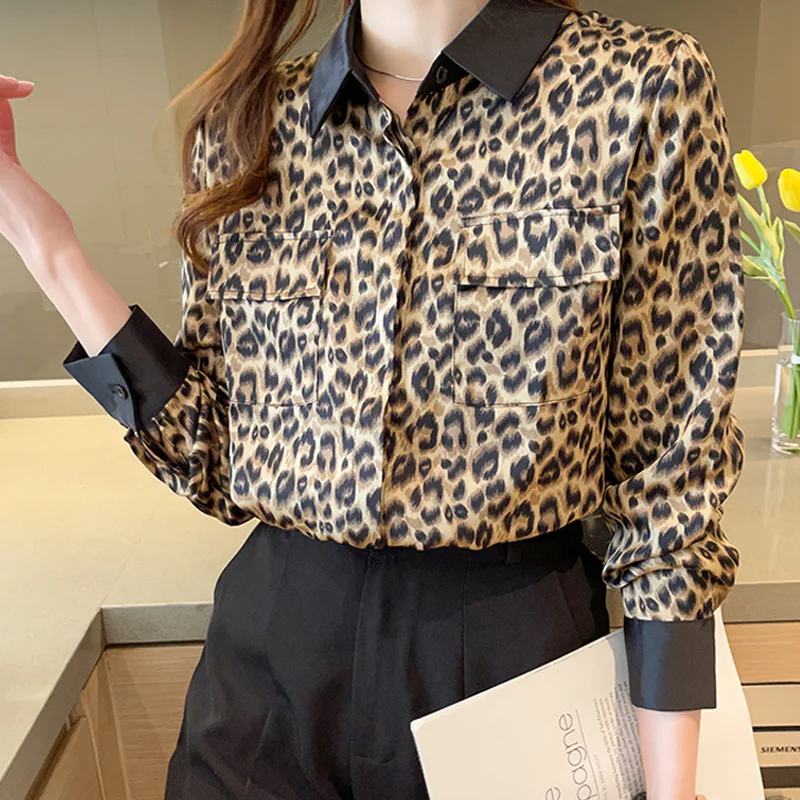 

Zoki Women Blouses Chiffon Leopard Loose Turn-down Collar Shirt Spring Autunm Fashion Casual Button Shirts New Women Tops 2021