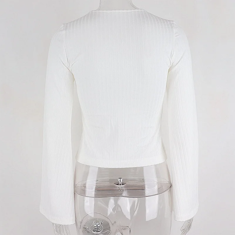 

OneLineFox White Patchwork Top V Neck Slim Fit Flare Sleeve Shirt Sexy Crop Blouse Spring Fashion Woman Tshirts Streetwear