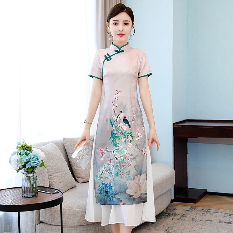 Женское платье с вышивкой Cheongsam Young зеленое розовое элегантное в китайском стиле