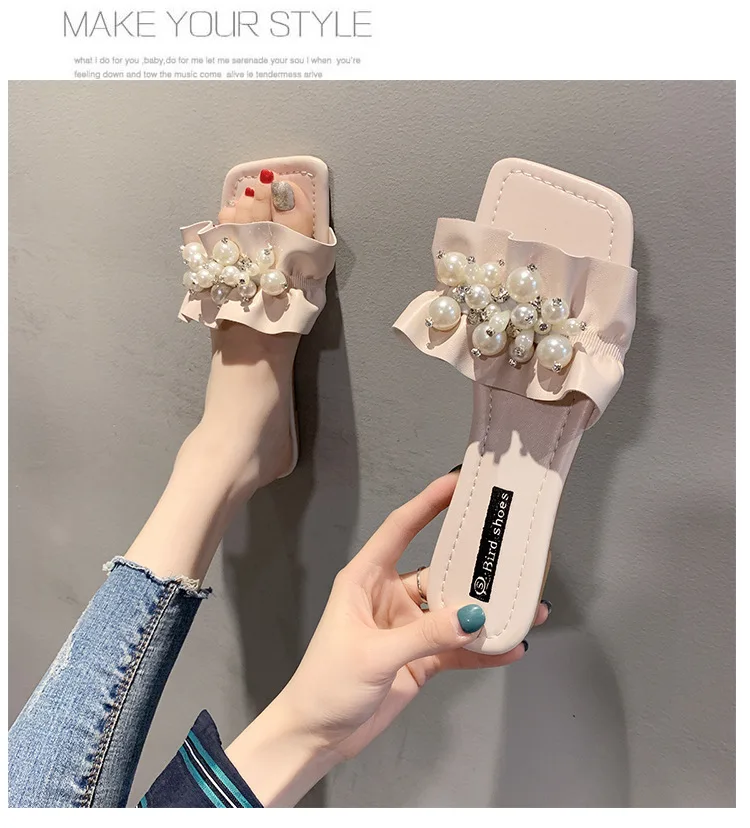 

Summer New Sandals Outside Fashion String Bead Flat Sandals Square Heel Breathable Seaside Vacation High Quality Low (1cm-3cm)