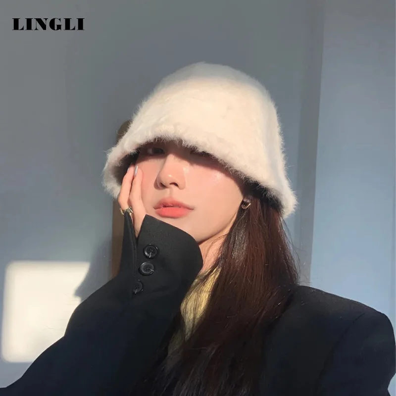 

Autumn And Winter Korean Rabbit Hair Fisherman's Hat Retro Versatile Plush Bucket Hat Solid Color Face Covering Fashion Warm